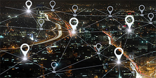 graphic of cityscape at night with map points overlaid